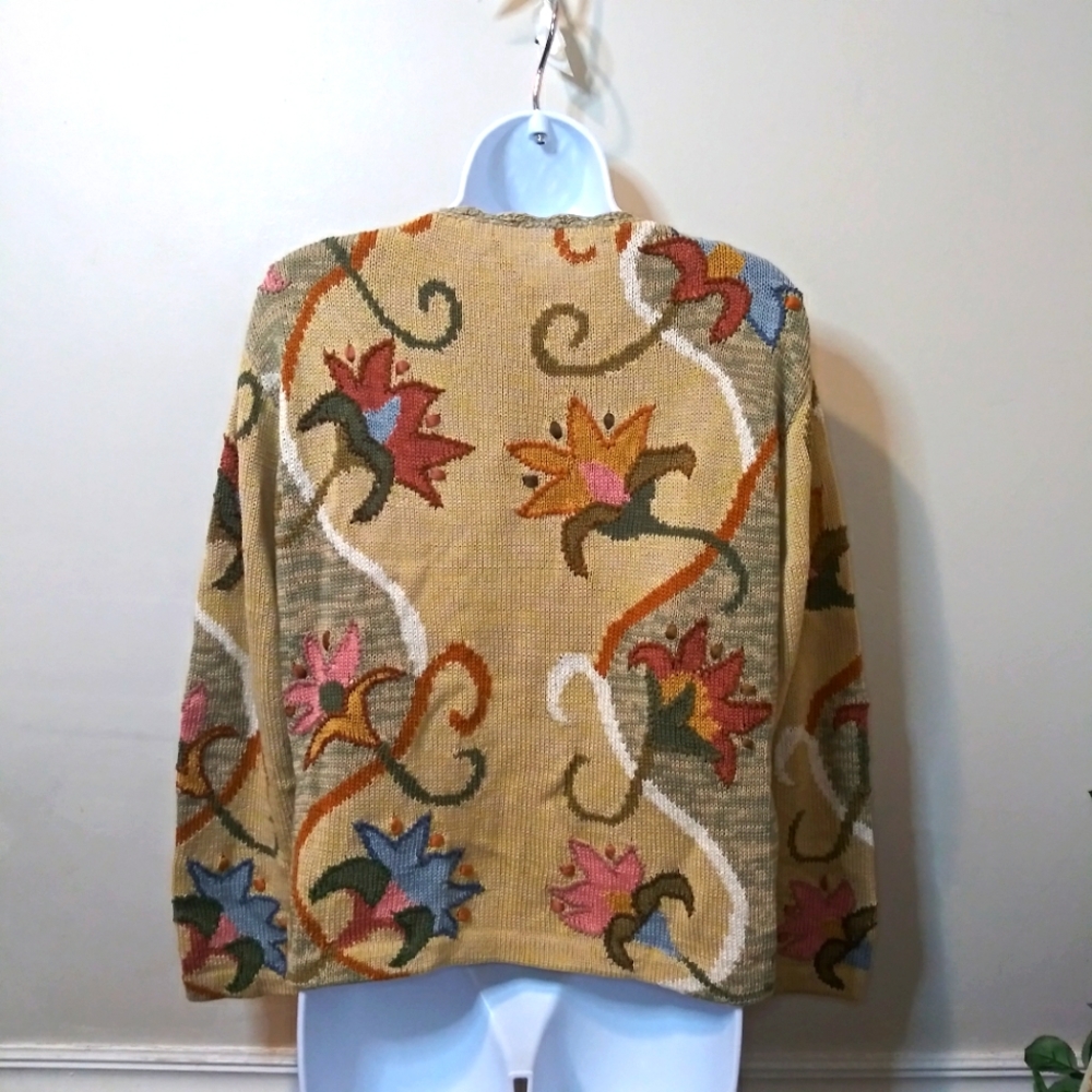 Caamano Handknit Earth Toned Floral Zip Front Cardigan Sweater Made In Peru - Picture 5 of 14